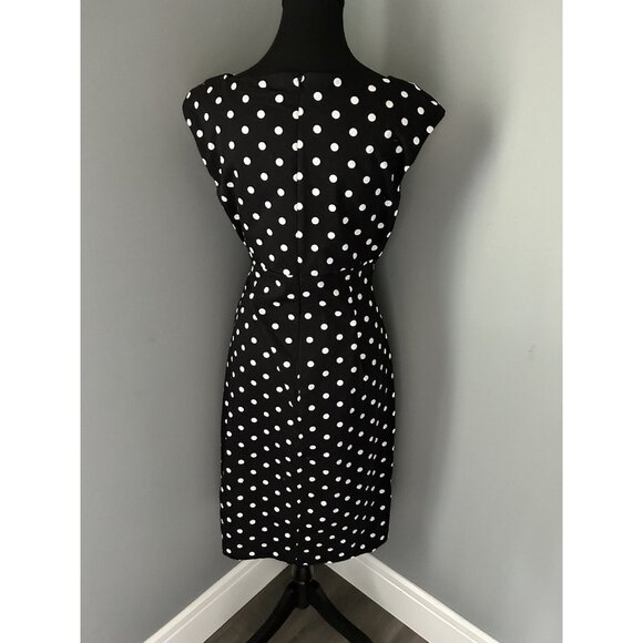 Lauren Ralph Lauren Sheath Dress Black White Polka Dot Ruched Faux Wrap Size 8 - Picture 4 of 9